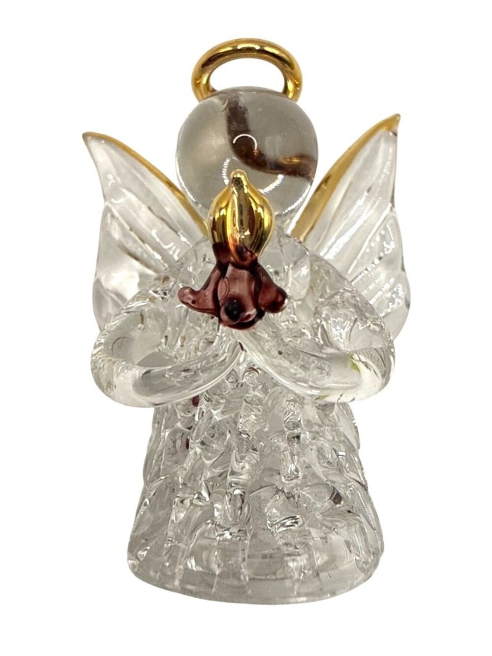Spun Glass Christmas Angel Figurine Ornament Gold Trim Halo Wings Red Accent Box